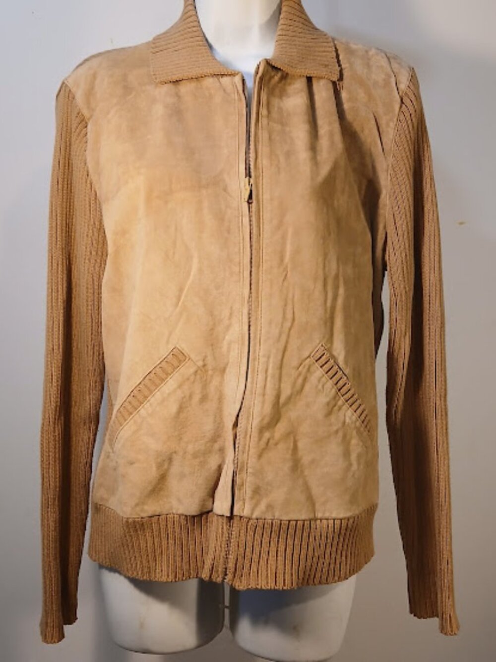 Chicos Design Size 1 Tan Leather Knit jacket